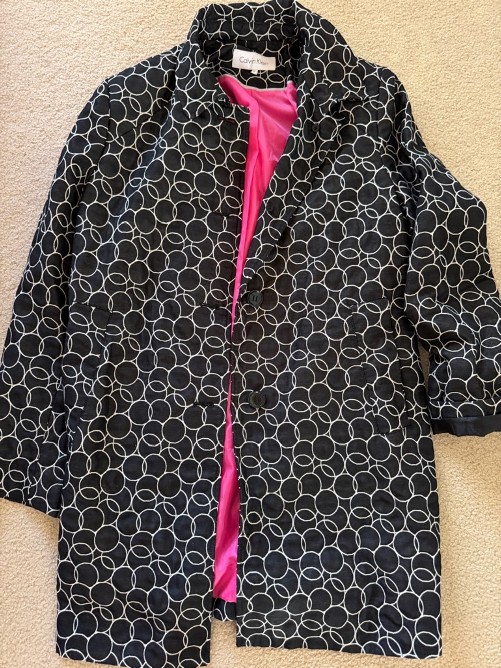 Calvin Klein Women’s Black & White Circle-Print Trench Coat with Pink Lining